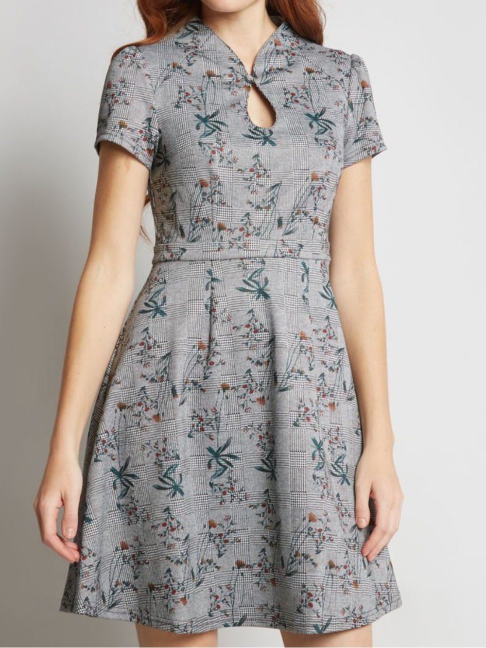 Modcloth High Society Style Gray Plaid Floral Keyhole Fit-and-Flare Mini Dress